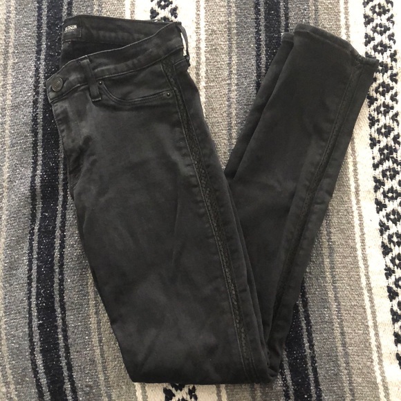 Hudson Jeans Denim - Hudson Black Skinny Jeans with Leather Strip/ 27